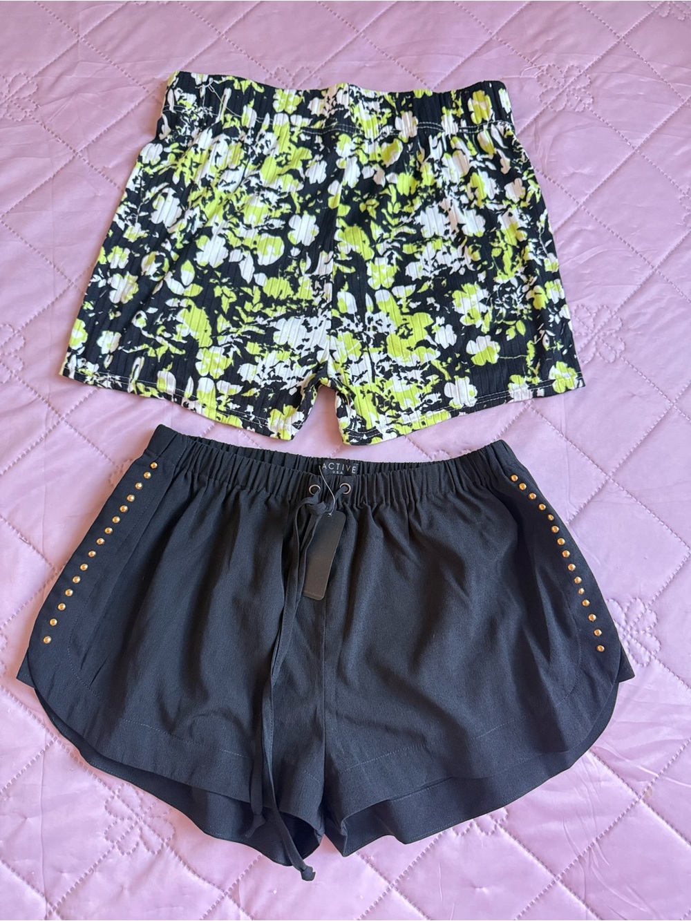 Active USA Black Floral Trim Athletic Shorts